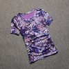 欧洲站2024夏季短袖t恤女花色圆领网纱体恤紫色半袖大码上衣
