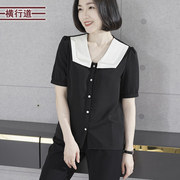简约韩版撞色领宽松衬衫，短袖雪纺衫2023夏季女外穿小衫大码