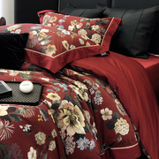 美式花卉全棉纯棉结婚庆四件套 100支长绒棉被套床上用品红色床品