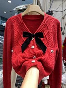 红色小香风针织开衫2024女秋冬短款小个子v领毛衣打底外穿潮