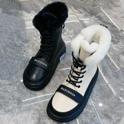 雪地靴女2023加绒冬季真皮，厚底防滑防水拼色休闲加棉短靴潮