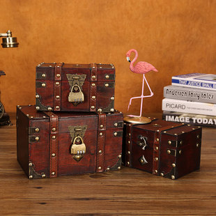 欧式复古盒子木质方形首饰盒，木制复古箱子做旧道具收纳储物工艺品