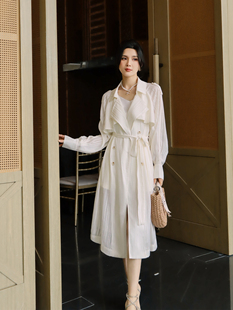 白色高级感风衣式连衣裙女夏季雪纺中长款英伦风双排扣防晒衣薄