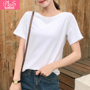 夏季韩版一字领宽松休闲白色短袖t恤女纯色简约百搭短袖上衣