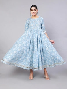 印度进口民族风情2024女装纯棉印花套头收腰浅蓝色连衣裙