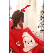 地球店小心机镂空v领套头，针织衫女设计感宽松中长款本命年红毛衣