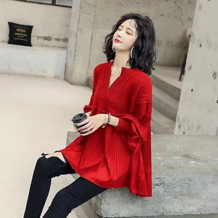 2021红色女长袖上衣，秋冬时尚宽松灯笼，袖毛线拼接衬衫裙摆小衫