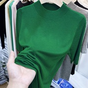 春秋冬季针织衫女装内搭中袖绿色上衣毛衣，修身t恤五分袖打底衫潮