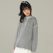 小女森女童春秋设计感手工勾线长款针织衫儿童，慵懒风撞色宽松毛衣