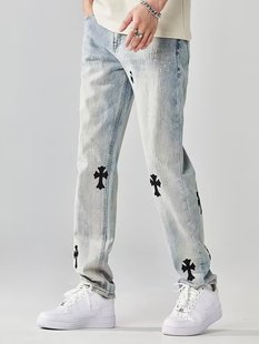 美式潮牌牛仔裤男浅蓝色十字架直筒宽松小众设计感休街痞帅长裤子