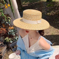 网红同款英伦平顶帽子女夏天遮阳帽，白色防晒草帽，沙滩帽礼帽大头围