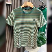 绿色横条纹短袖t恤男2024年纯棉刺绣，体恤时尚潮牌ins潮流上衣