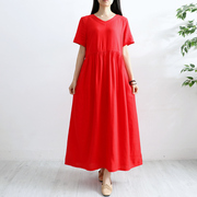 夏季薄款红色短袖连衣裙文艺范棉麻女装小个子宽松海边沙滩裙长裙
