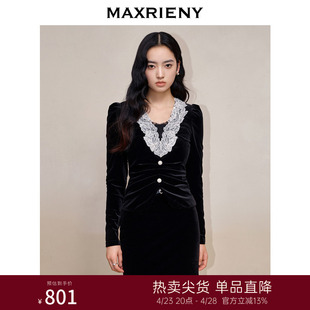 maxrieny法式复古撞色花边刺绣蕾丝，雪纺衫23冬赫本风修身丝绒上衣