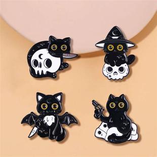 原创万圣节黑猫骷髅卡通胸针，创意可爱猫咪甜美领针收腰针金属徽章