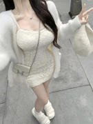 性感蕾丝吊带连衣裙女秋季纯欲风套装白色针织毛衣开衫外套两件套