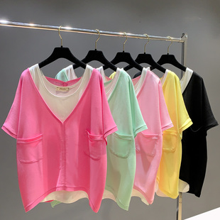 夏季韩版宽松大码两件套装短袖，t恤女中长款纯色v领蝙蝠衫