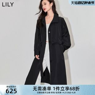 LILY2024春女装复古气质通勤款时尚腰带黑色垂感长款风衣外套