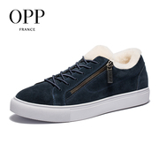 法国OPP冬季加厚保暖棉鞋真皮反绒皮板鞋懒人鞋户外防滑羊毛男鞋