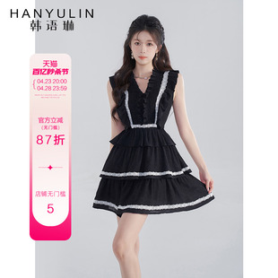 韩语琳黑色V领连衣裙女装夏季高腰公主裙子设计感小众A字短裙