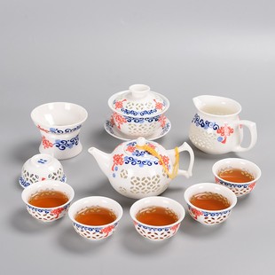 青花瓷玲珑茶具套装家用蜂窝，镂空整套陶瓷功夫茶具，泡茶壶茶杯盖碗