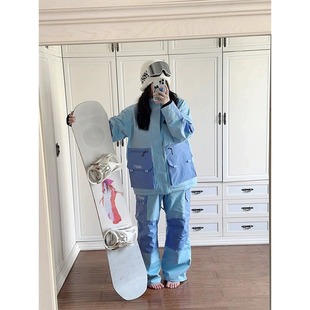 昆白蓝色滑雪服女2023年冬季设计感小众防风防水单板棉服套装