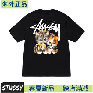海外Stussy斯图西猫咪卡通图案印花短袖潮牌男女情侣T恤