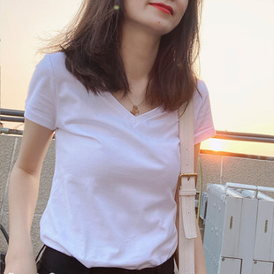 白色t恤女短袖2023年修身纯棉上衣，春夏季显瘦v领圆紧身打底衫