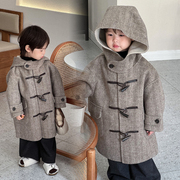 韩国童装男女童百分百双面羊绒外套中长款牛角，扣连帽洋气潮大衣