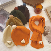 宝宝帽子围巾两件套秋冬可爱小熊，护耳保暖男女儿童针织毛球套头帽