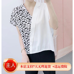 2024年夏季汉派品牌女装时尚韩版雪纺拼接花色套头小衫510