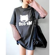 假两件韩版中长款长袖圆领套头抽象ins女上衣T恤潮牌女装秋季