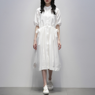 白色连衣裙女2024夏季立领短袖抽绳收腰显瘦中长款a字衬衫裙