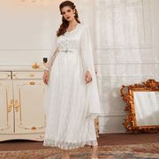 9017白色蕾丝手工缝钻长裙披风跨境外贸，晚礼服arabwomen'sdress