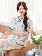 新中式棉绸睡衣短袖长裤女国风古风夏季超薄凉快家居服套装人造棉