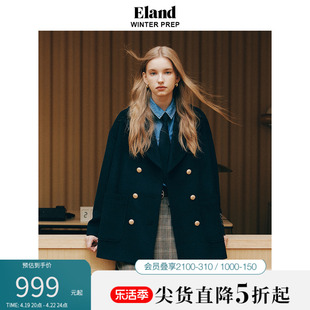 eland衣恋毛呢外套微宽松双排扣大翻领，海军大衣外套冬季