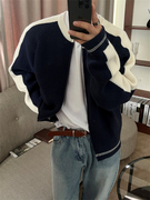MRDONG韩国男装高品羊毛混纺拼色圆领插肩袖针织开衫毛衣外套