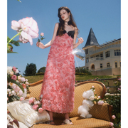 guojingyi星奢买手店，设计师拼黑粉红玫瑰，吊带长裙2023夏季