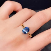 时尚简约款戒指镶嵌空托椭圆7x911x15mm925银，镀金饰品天然伦敦蓝