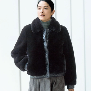 日系高端女装冬款 绗缝羊皮拼接仿皮草夹克短外套