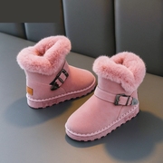 女童鞋子面包鞋粉色洋气毛毛，雪地靴高帮女款冬季儿童加绒加厚短靴