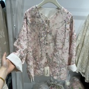 新中式重工钉珠亮片粉色衬衫，女2024春季长袖，撞色时尚盘扣上衣