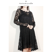 rosemunde女韩版a字蕾丝长袖，镂空大码遮肚子中长连衣裙5892