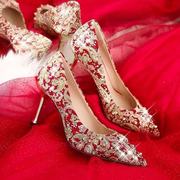 红色高跟鞋婚鞋女2022年春秋细跟中式新娘鞋结婚秀禾婚纱两穿