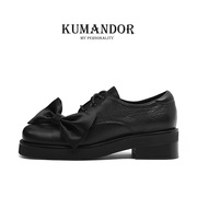 kumandor春季新胎牛皮蝴蝶结，厚底增高英伦系带单鞋乐福鞋