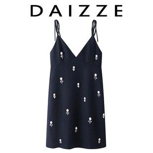 daizze~夏季钉珠重工，v领吊带裙，女细肩带背心裙性感无袖连衣裙短裙
