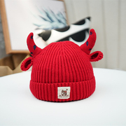 儿童毛线帽秋冬季男女童宝宝针织帽拜年喜庆婴儿红色帽子新年牛角