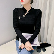 黑色立领泡泡袖毛衣复古性感镂空针织衫长袖女装洋气修身收腰上衣