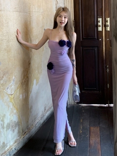 法式紫色网纱吊带连衣裙，女夏季立体花朵褶皱，收腰包臀鱼尾长裙