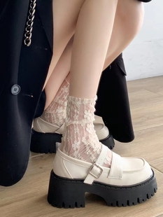 法式玛丽珍鞋女2024春季白色，一脚蹬厚底，粗跟高跟松糕底小皮鞋